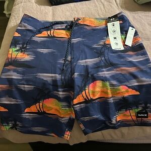 Hurley Navy Swim Shorts with Orange and Green Sunset Print